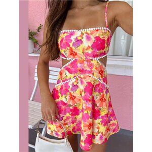 NewWomen's Summer Mini Cami Dress Sleeveless Open Back Cutout Floral Spaghetti